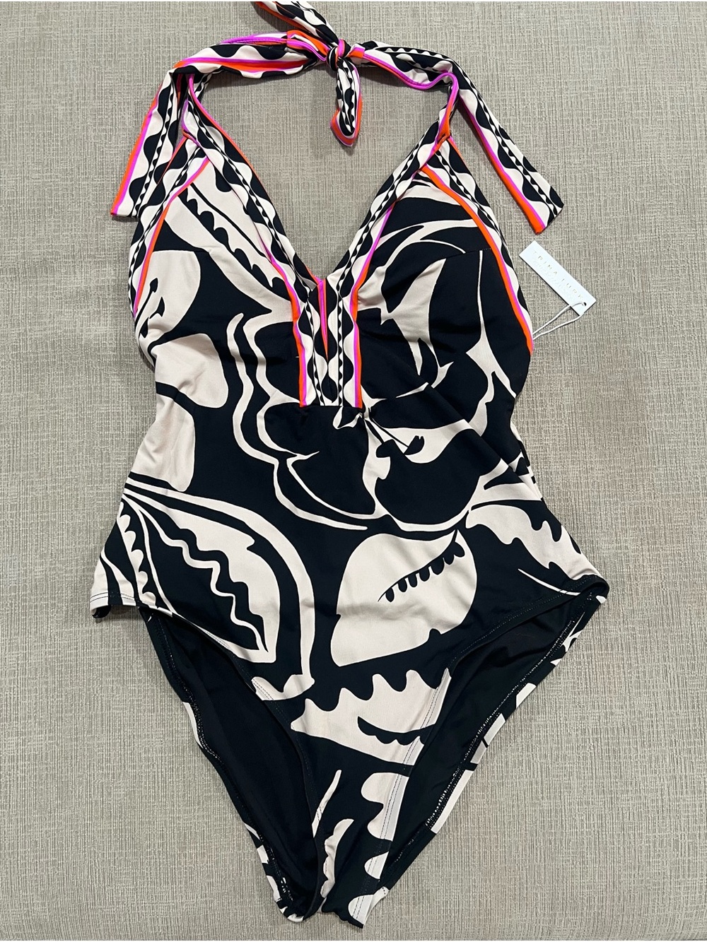 Black & Cream Floral One-Piece Swimsuit with Pink and Orange Trim - Picture 3 of 7
